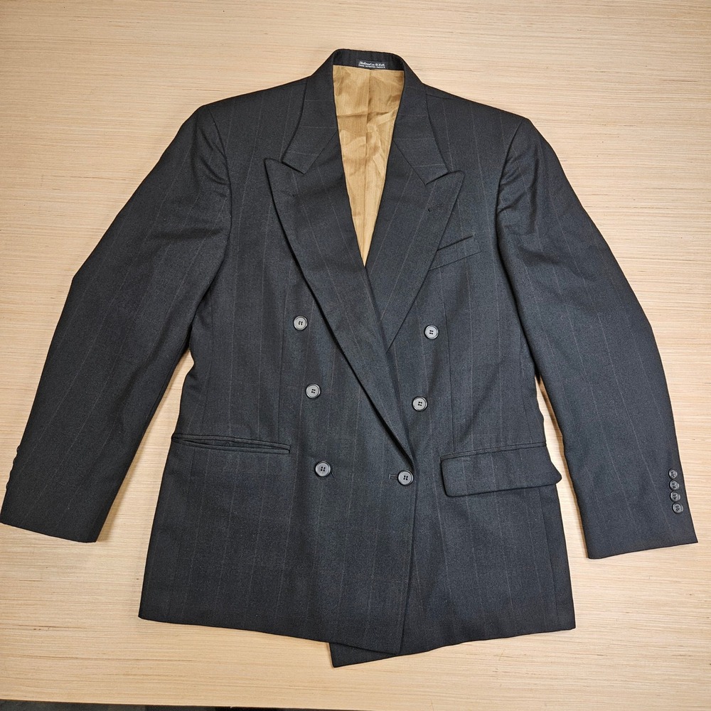 J Riggings Double Breasted Hunting Horn Suit Jacket Mens 40R Black Pinstripe